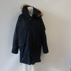 Mens Vince Navy Blue (Item -80) Coyote Fur Hood Trim Full Zip Down Parka Coat M